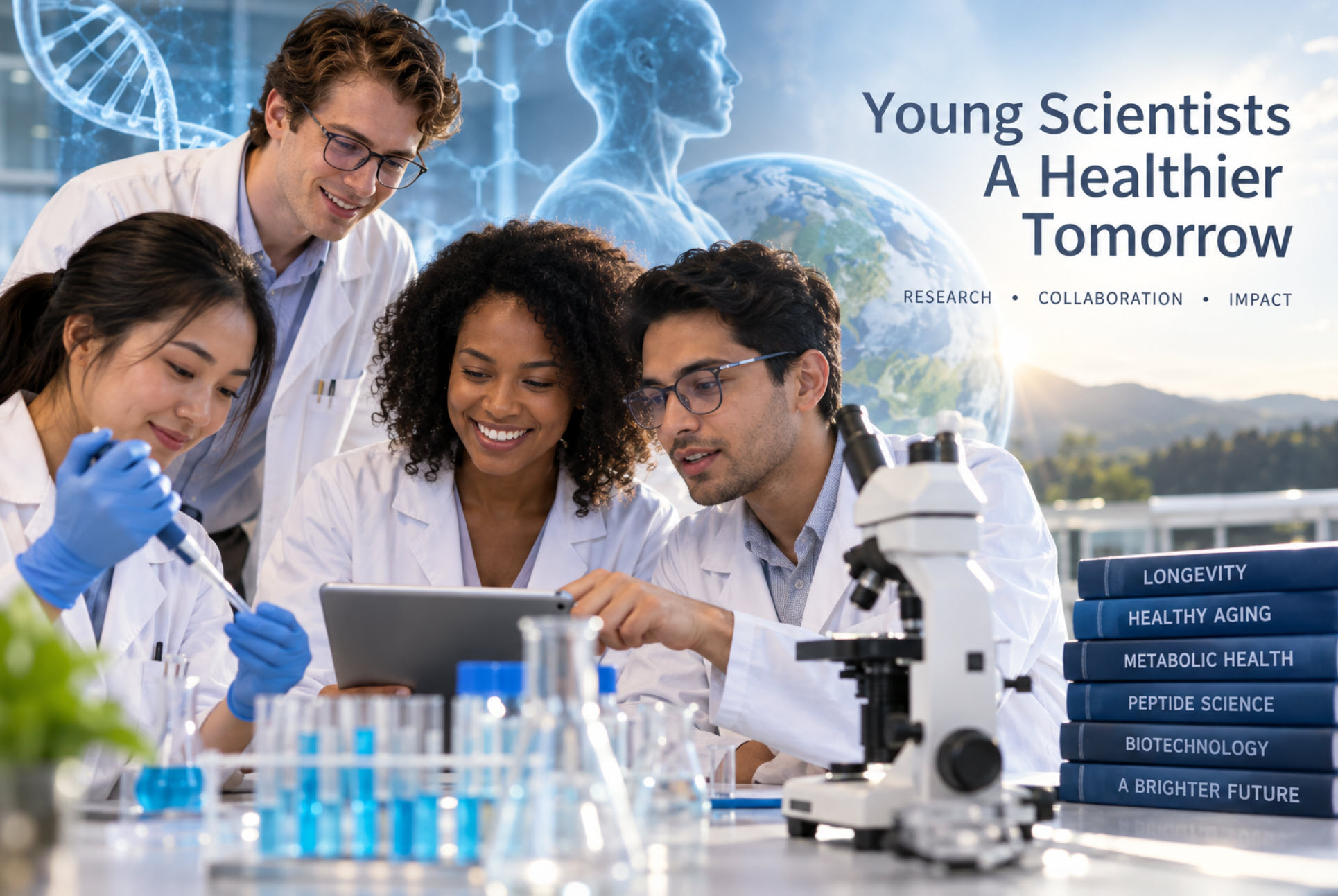 Young scientists discussing PT-141 research and healthy aging